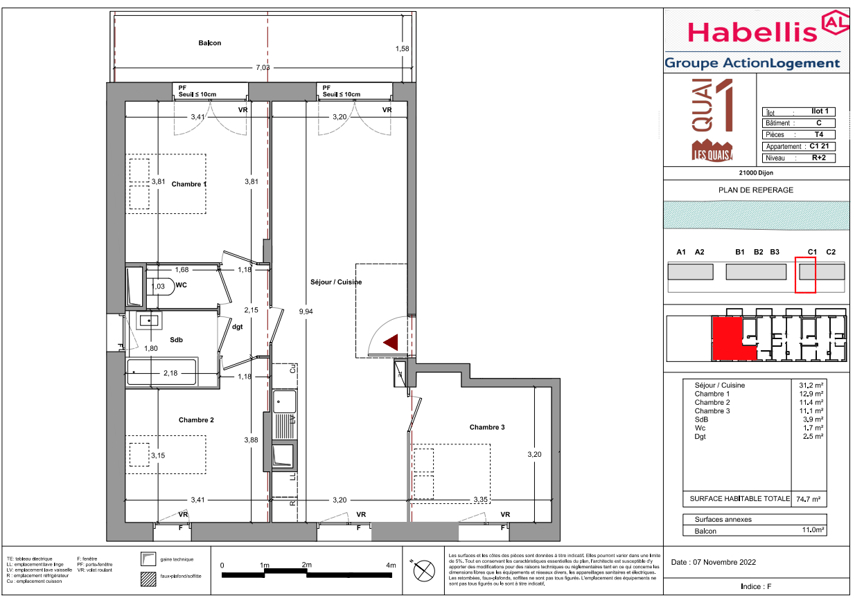 Appartement T4 - 3 chambres - 1-er étage - Baignoire - Balcon - Dijon 