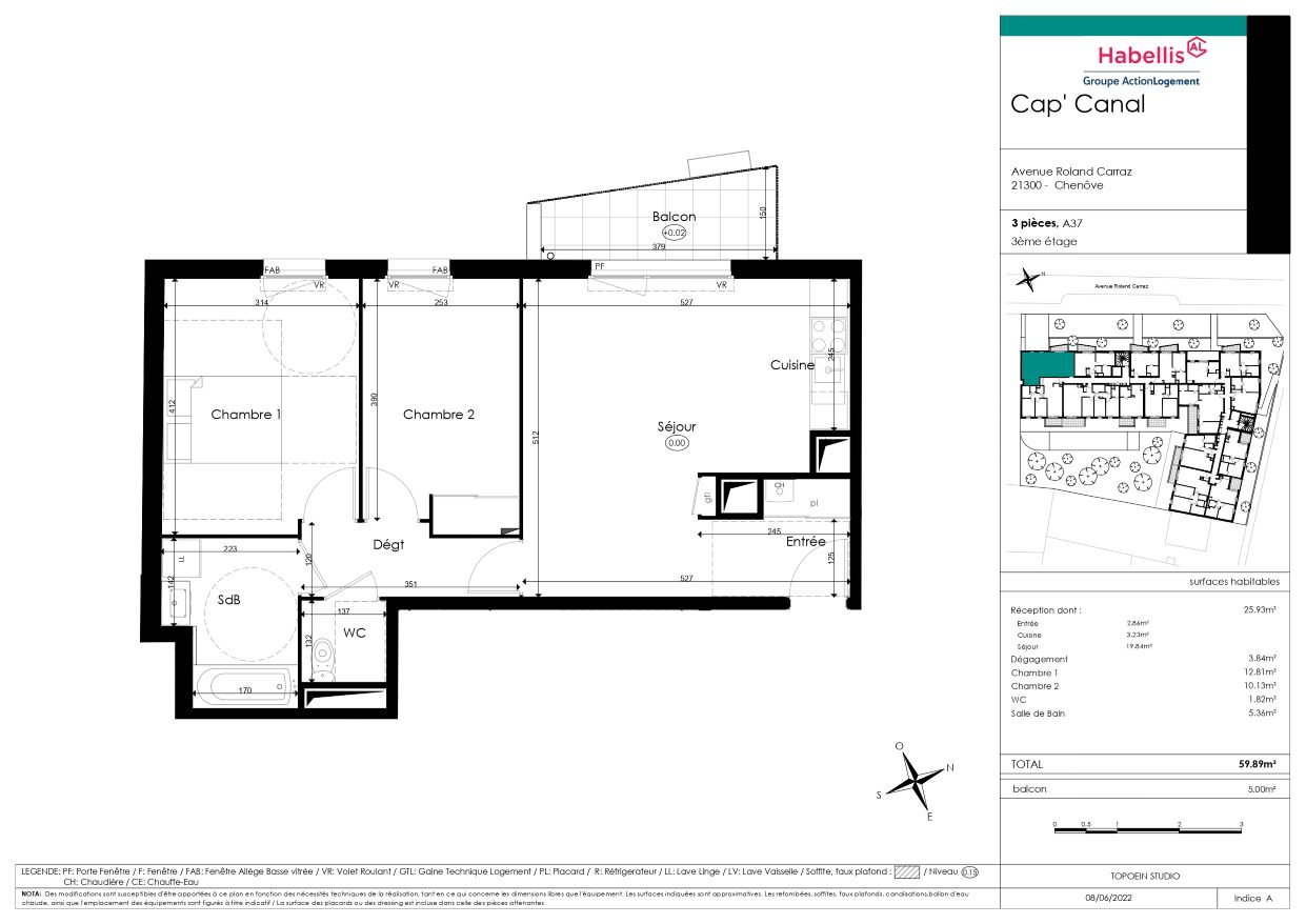 Appartement T3,3ème étage, balcon, Résidence récente - Chenôve